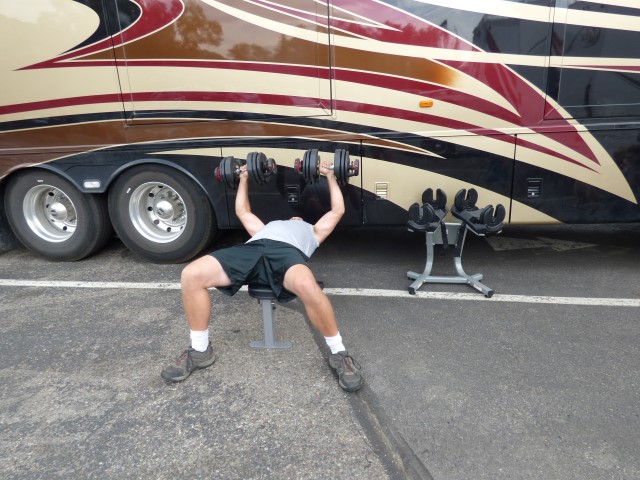Dan, getting his daily weight lifting in ... no matter where we are!